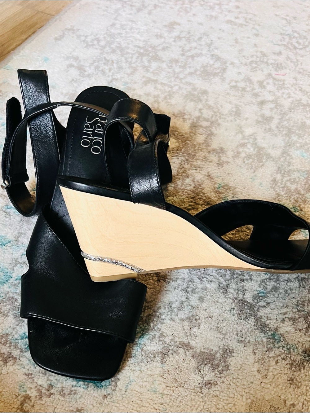 Franco Sarto Black ankle wrap wedge with silver accent : Sz 10 - Picture 4 of 7